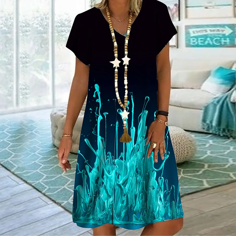 

Women's new elegant dress paint clash color print casual summer V-neck short sleeve wide knee-length dress /xs-8xl