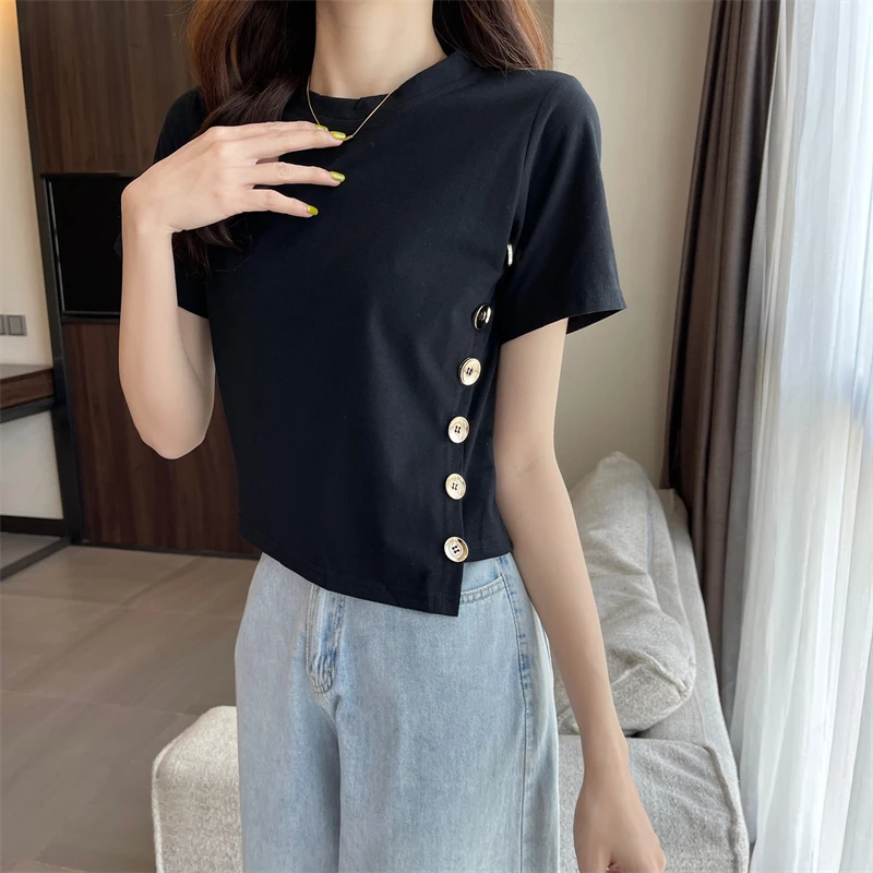 Korean Fashion Y2K T-shirt Woman Buttons Short Sleeve Tee Shirt Femme Vintage Solid Crop Top Women Sexy Clothes Tshirt