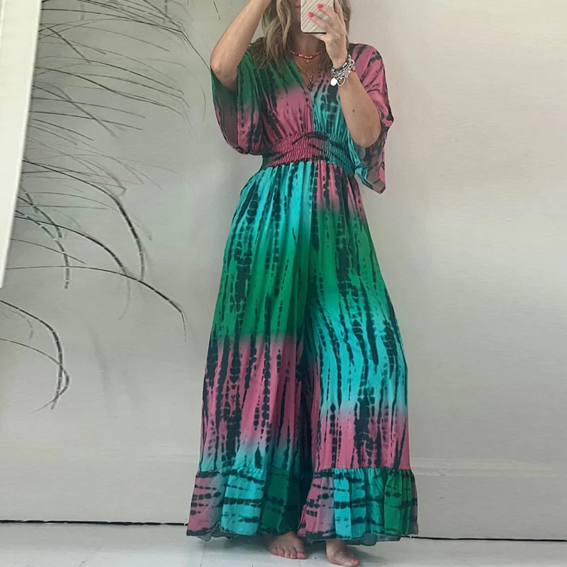 

Vintage V-neck Elastic Waist Women Romper Fashion High Street One Piece Playsuits Summer Printed Loose Pocket Wide Leg Jumpsuit