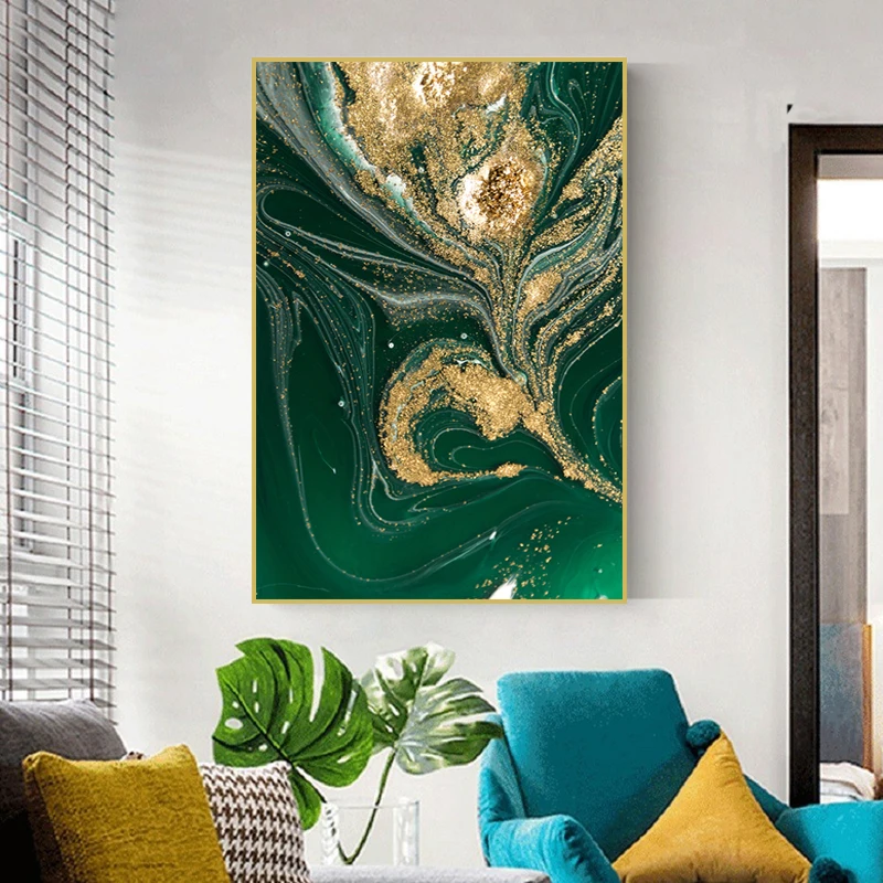 

5D DIY Diamond Painting Abstract Diamond Embroidery Round Green Gold Foil Poster Diamond Mosaic Living Room Decoration Painting