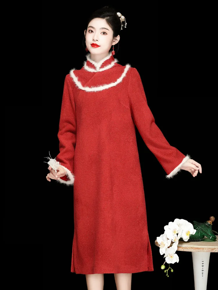 Chinese Red Robe New Year Winter Dress Party Girls Qipao