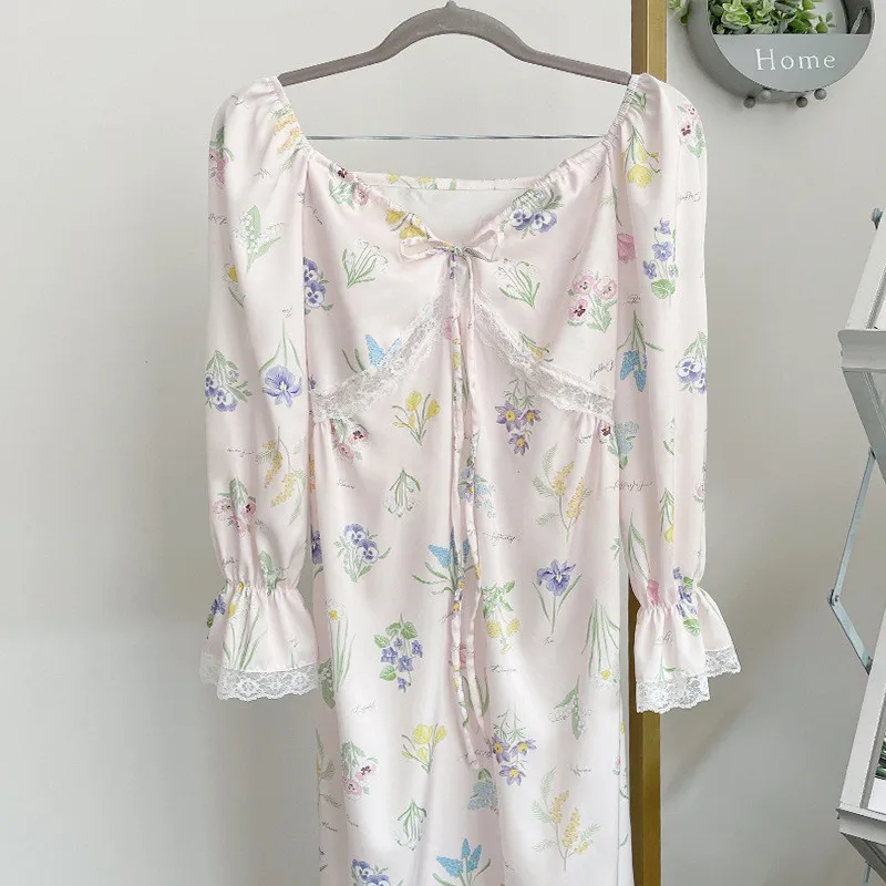 

Fdfklak Printing Sweet Ladie's Nightwear Dress Loose V Neck Long Sleeve Nightdress Lace Spring Summer Nightgowns For Women