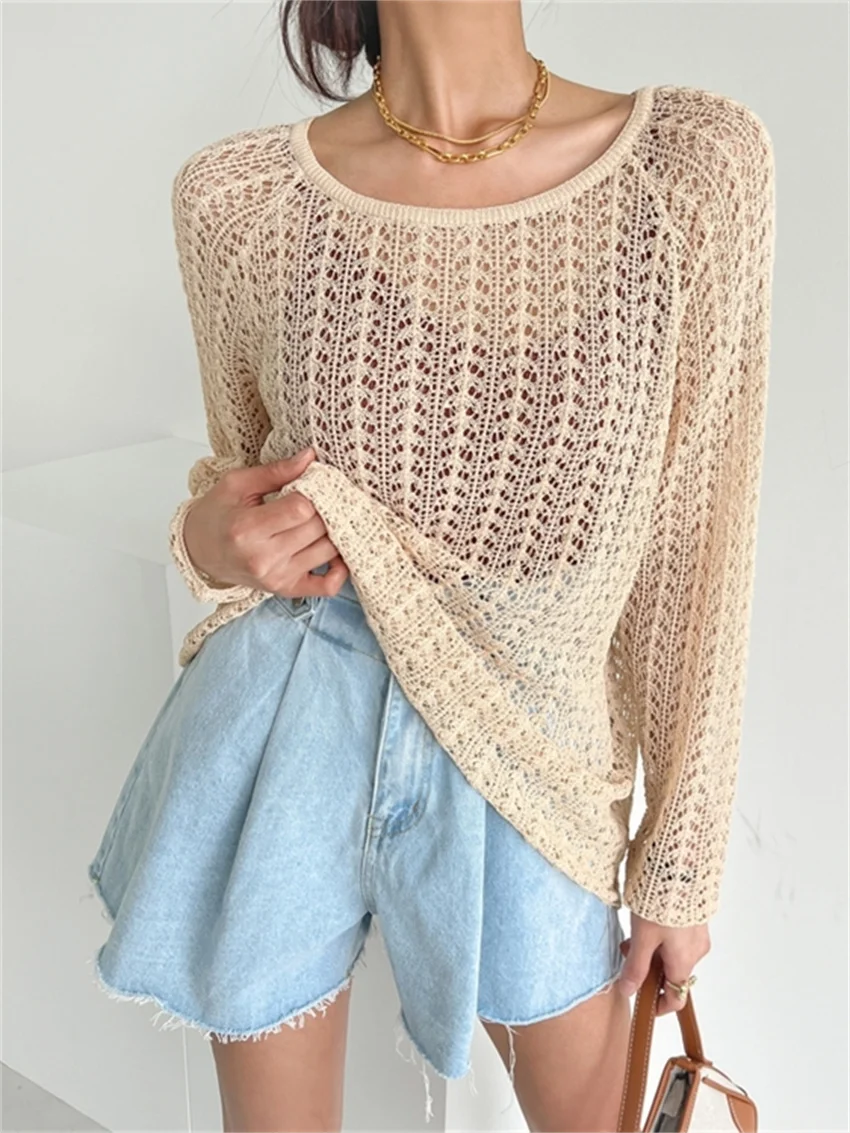 

HziriP 2022 New Casual Knitted Sweater Summer Women Tees Loose All Match Fashion OL Slim Office Wear Hollow Out T-Shirts