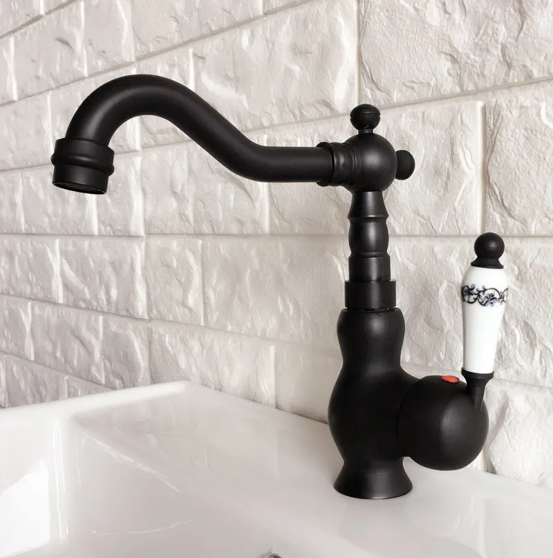 

Basin Faucet Deck Mounted Vanity Faucets Black Brass Bathroom Sink Taps Kitchen Cold And Hot Water Mixer Tap Swivel Spout Dnf357