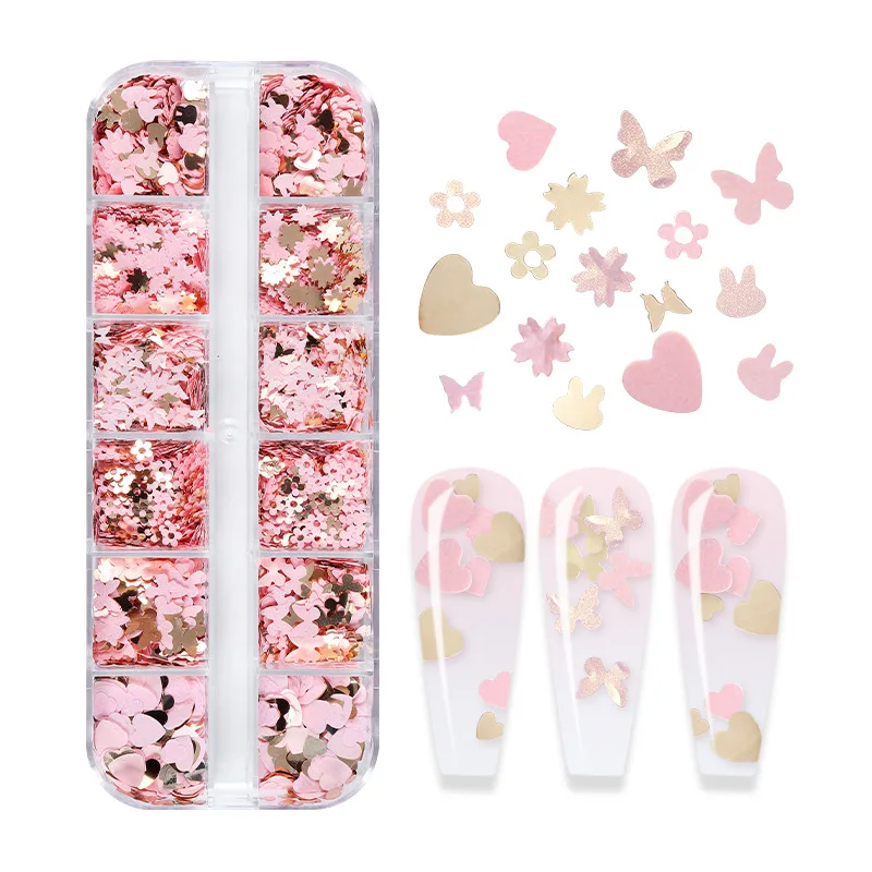 

Pink Butterfly Heart Fruit Floral Nail Art Glitter Flakes 3D Colourful Sequins Polish Manicure Nail Sticker Decoration for Woman