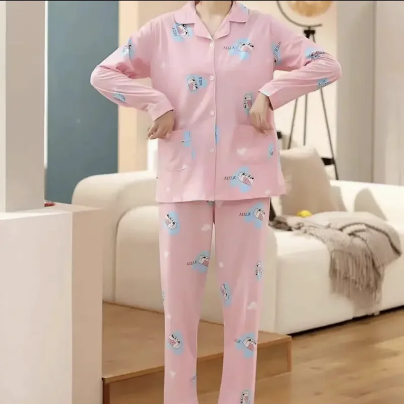 1 Pajama Woman 2023 Spring/Summer 2023 Big Lapel Milk Carton Print, Cardigan Pajama Two Piece Set Loose Loungewear Long Style