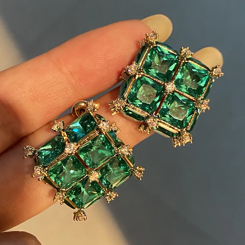 Ретро дворец трехмерные квадратные зеленые алмазные желтые алмазные прозрачные Кристальные серебряные серьги-иглы