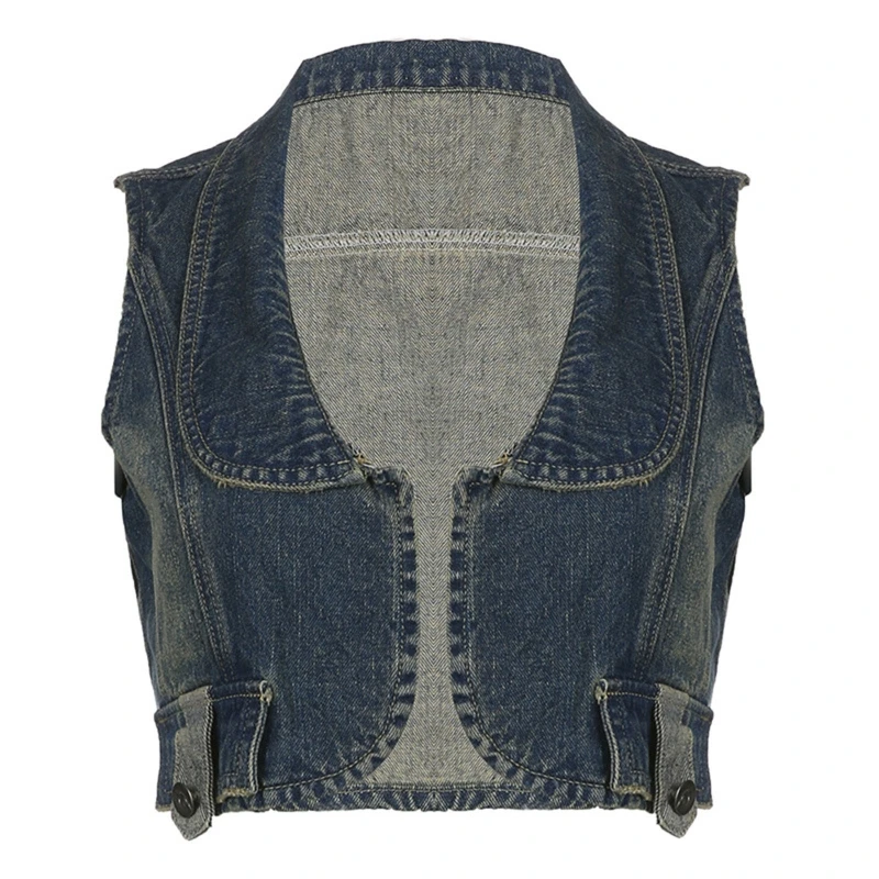 

Женская джинсовая майка с отложным воротником, летняя укороченная джинсовая майка в стиле ретро