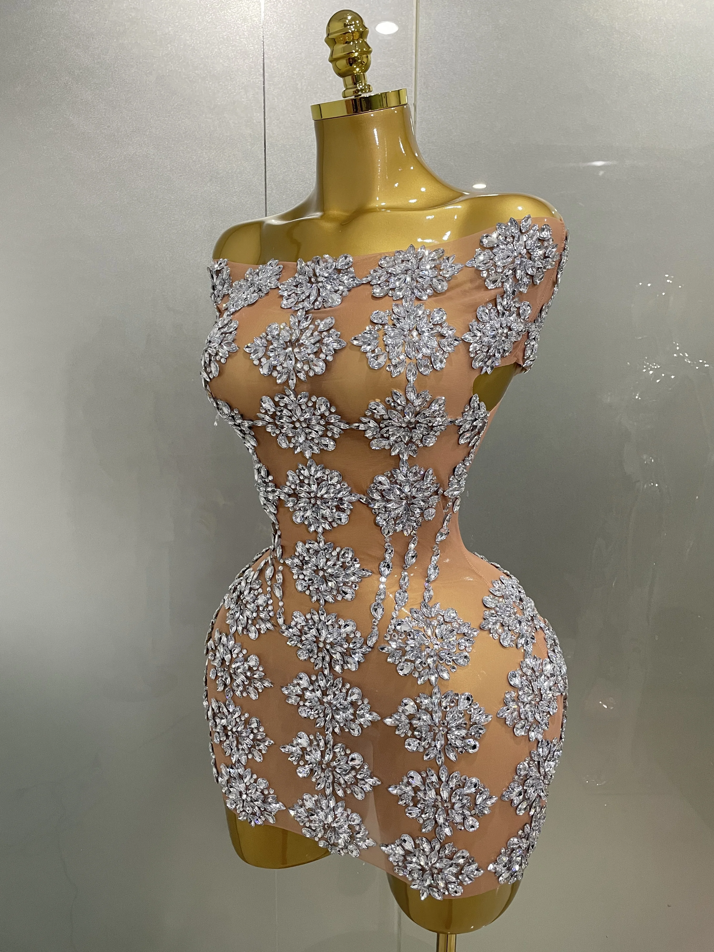 Роскошное блестящее сетчатое мини-платье со стразами 2025 женский сексуальный