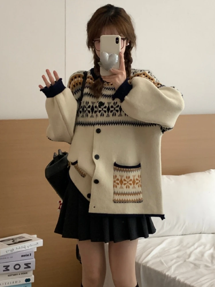 Осень/зима 2024 модный новый женский теплый вязаный кардиган с принтом в