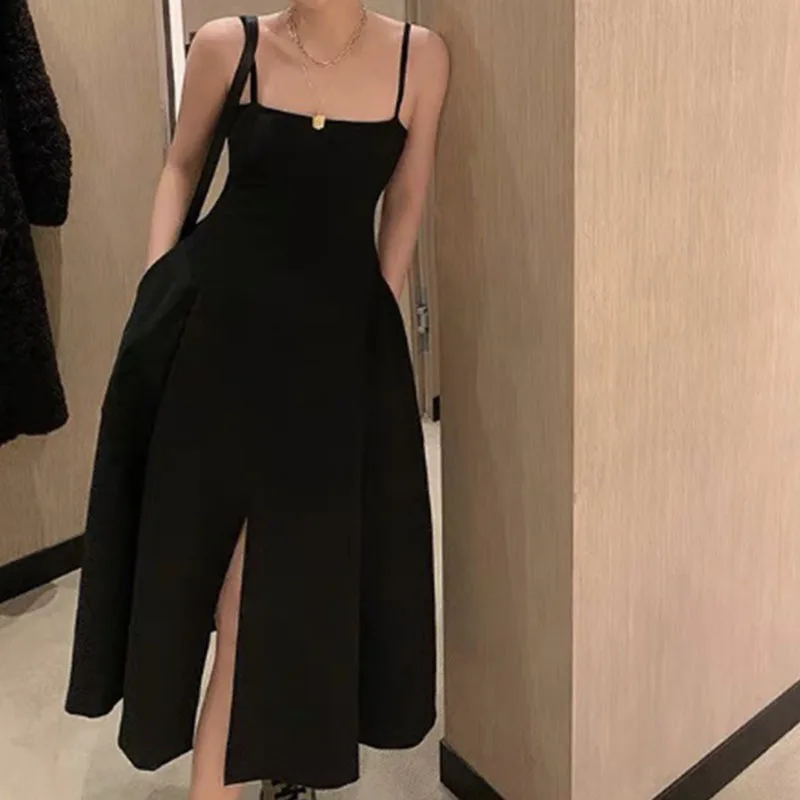 

Women's Summer Slip Dresses 2023 Sexy Split Thigh Halter Partywear Plain Midi Dress Vintage Fit and Flare Lady Clothing H
