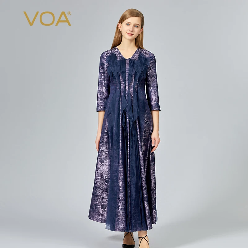 

VOA 23m/m Yarn-dyed Jacquard V-neck Lady Elegant Long Silk Dress Spring Three-quarter Sleeve Party Maxi Dresses for Women AE1357