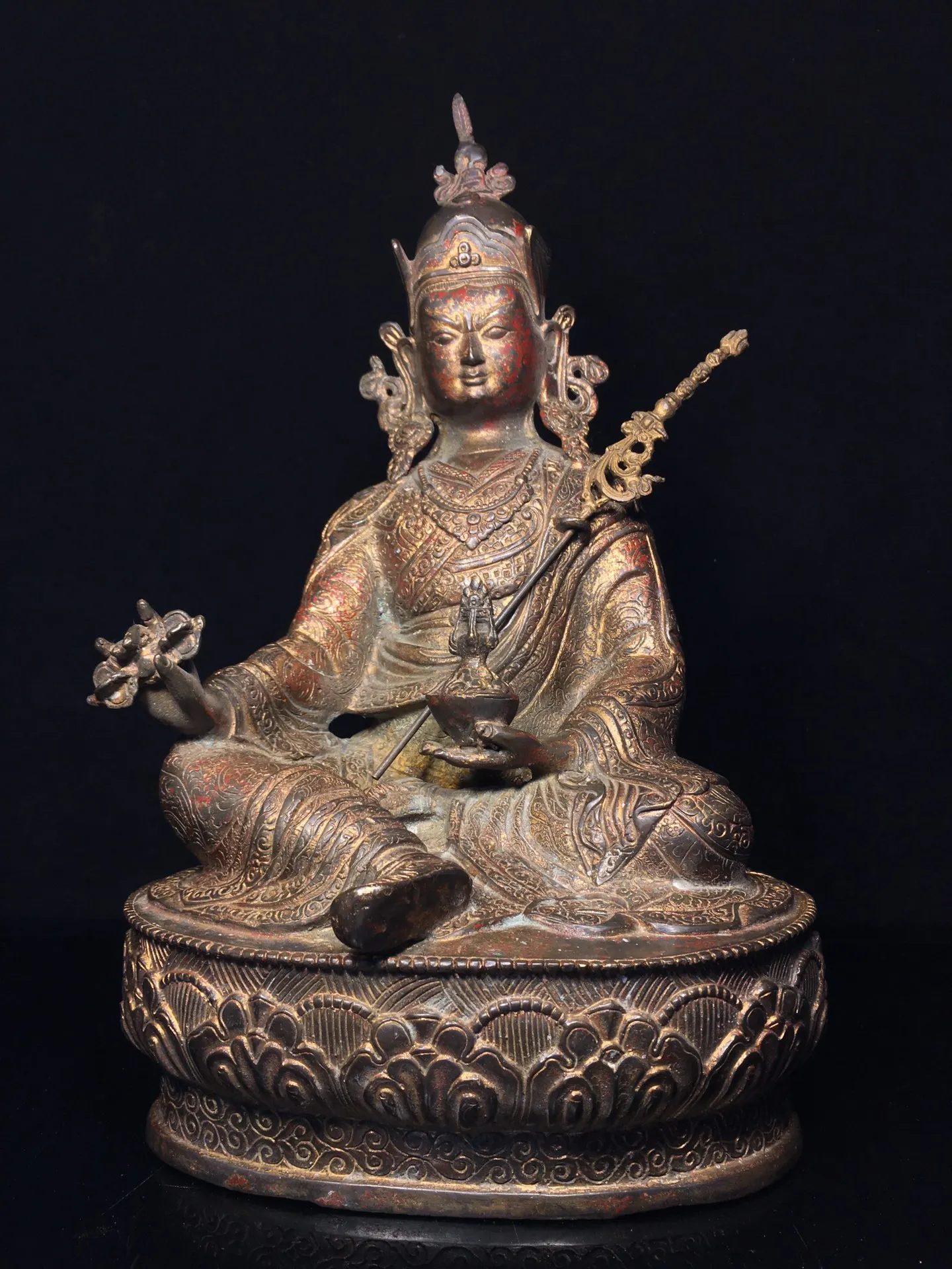 

14"Tibet Temple Collection Old Bronze Gilding Cinnabar Guru Rinpoche Padmasambha Lotus Platform Worship Hall Town house Exorcism