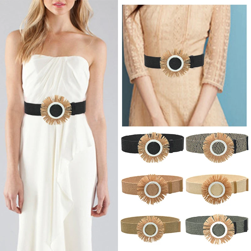 

PP Grass Braided Elastic Waist Belt Dress Woven Decorative Waistbands Bohemian Vintage Wide Belt Round Buckle Waist Seal