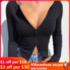 Женский ТРИКОТАЖНЫЙ УКОРОЧЕННЫЙ ТОП с молнией спереди, однотонный облегающий трикотажный топ с длинным рукавом и V-образным вырезом, на осень