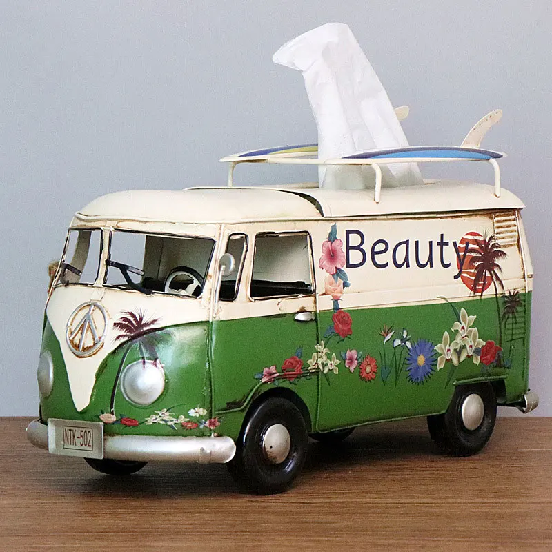 

Iron Bus Tissue Box Model Figurines Car Craft Home Decoration Accessories for Living Room Ornaments for Home Decor Flower Retro