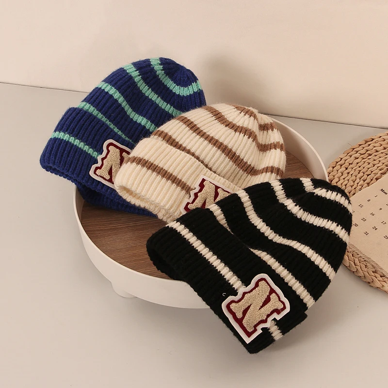 

Fashion Baby Knitted Hat Striped Autumn Winter Kids Beanie Hats Korean Letter Elastic Children Caps for Boys Girls 2-6Y