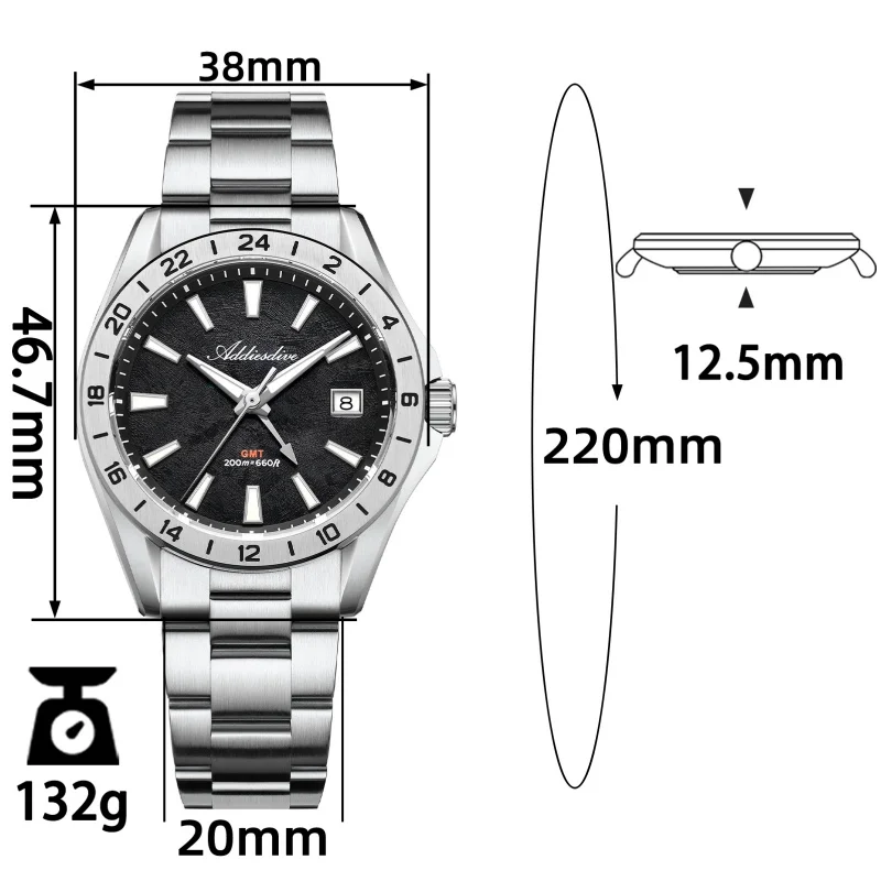 Мужские часы ADDIESDIVE GMT AD2548 из нержавеющей стали, швейцарские кварцевые часы Ronda 515-24H с сапфировым стеклом, BGW9, светящиеся, водонепроницаемые до 200 м (art.: 3920db3ecb274) - 3920db3ecb274