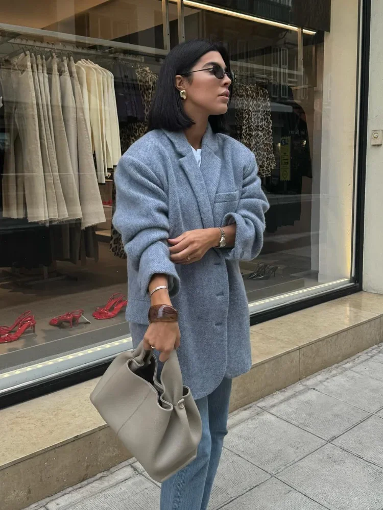 2024 новый модный серый шерстяной женский пиджак шикарный однобортный с клапанами