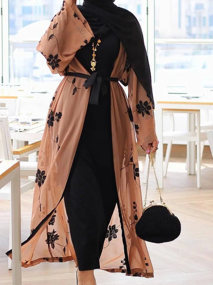 Женское длинное платье-кимоно Abaya, элегантное принт в мусульманском стиле длинное платье с открытыми плечами, турецкий исламский хиджаб для...