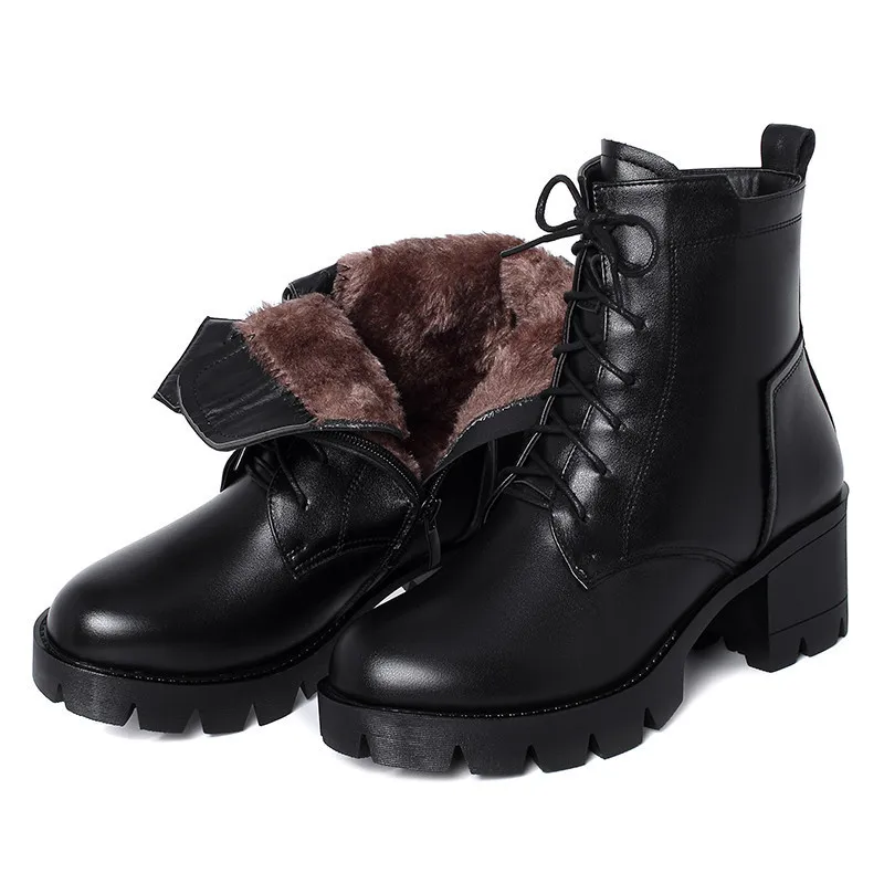 AIYUQI Winter Boots Women 2023 New Ladies Ankle Boots Genuine Leather Warm Wool Lace Up Motorcycle Boots Women