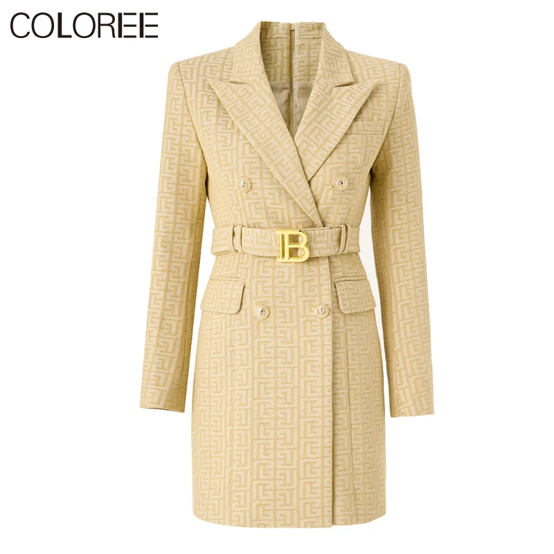 

Женское двубортное платье-Блейзер, элегантное дизайнерское винтажное короткое платье с длинным рукавом и поясом, 2023