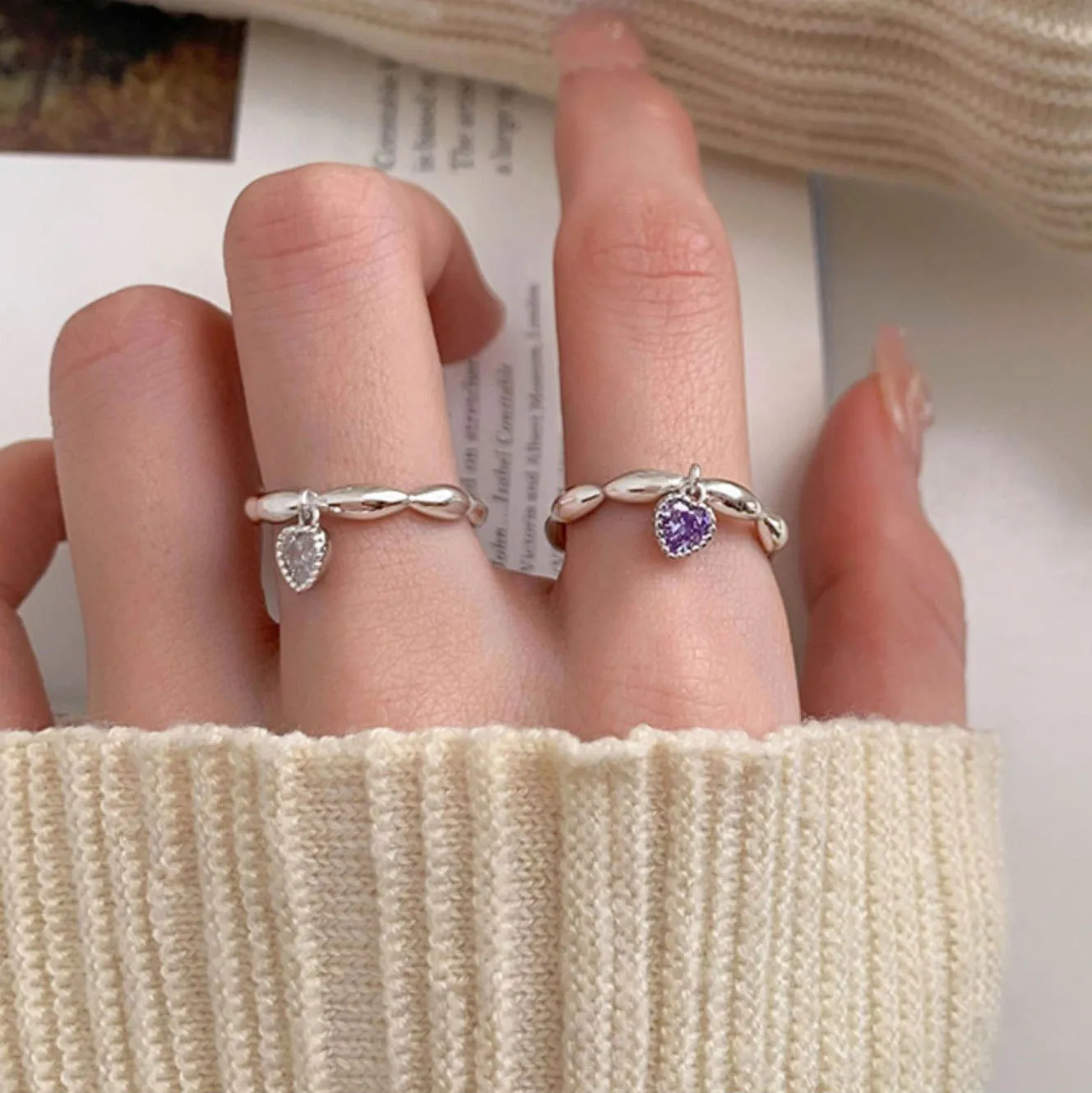 

New South Korea Japan Style Fashion Purpl White Love Heart Crystal Pendant Round Rings For Women Girls Charms Wedding Jewelry