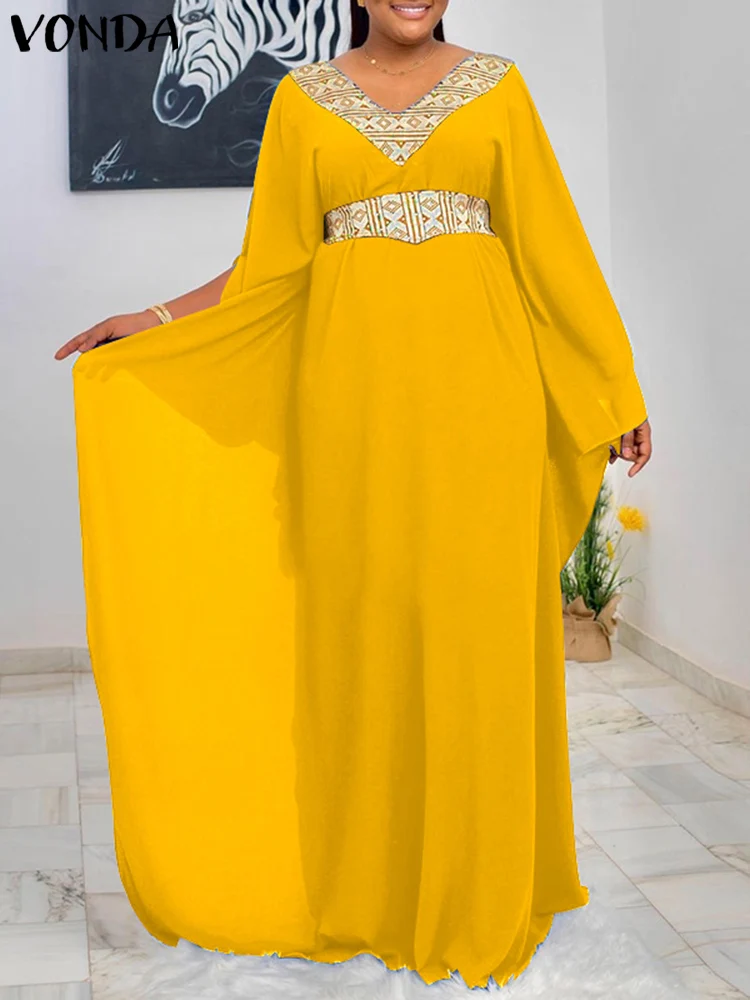 

VONDA 2022 Oversized Printed Vestido Women Pleated Trumpet Sleeve Robe Fashion Summer Stylish Long Maxi Dresses V Neck Sundress