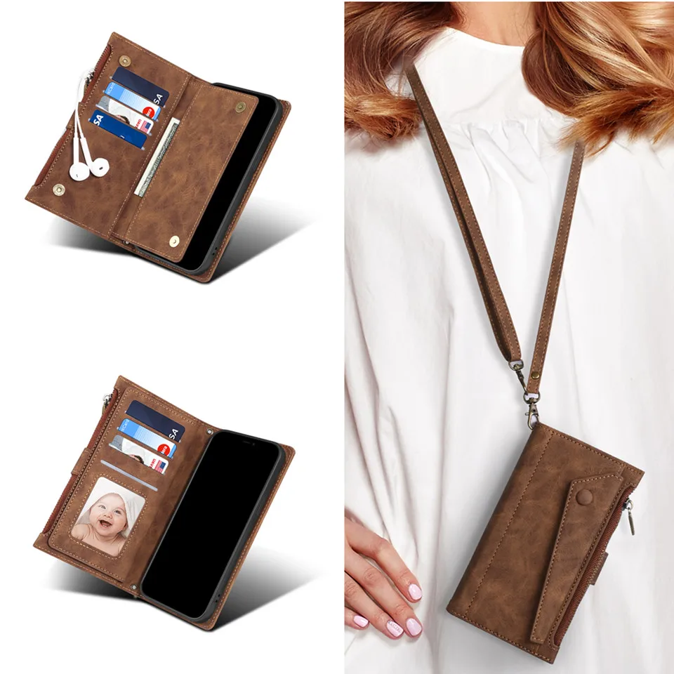 

Crossbody Shoulder Strap Zipper Wallet Stand Card Holder Leather Case For IPhone14 13 12 Mini 11 Pro XS Max XR 7 8 6s Plus Cover