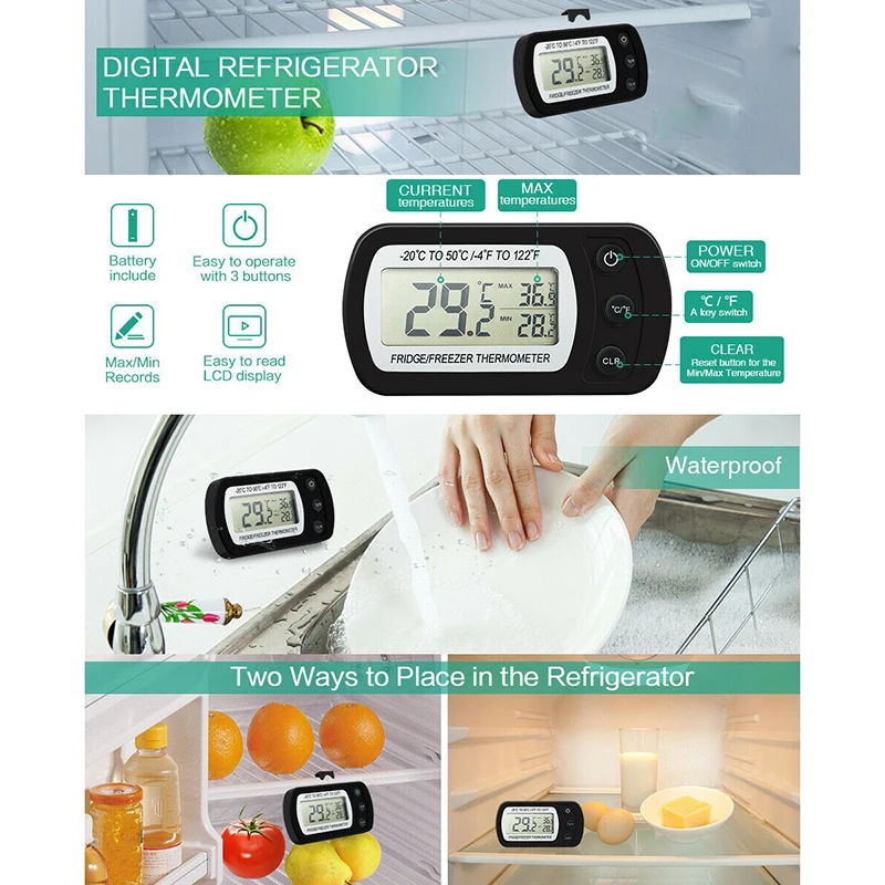 

Бытовой термометр для холодильника с большим экраном-20-50, цифровой термометр с регулируемой подставкой, измеритель температуры, подвесной мини