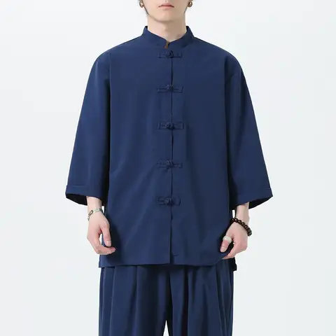Мужская рубашка ханьфу в китайском стиле, мужские свободные топы с рукавом 3/4, костюм Тан, однотонные традиционные рубашки кунг-фу, мужские китайские рубашки