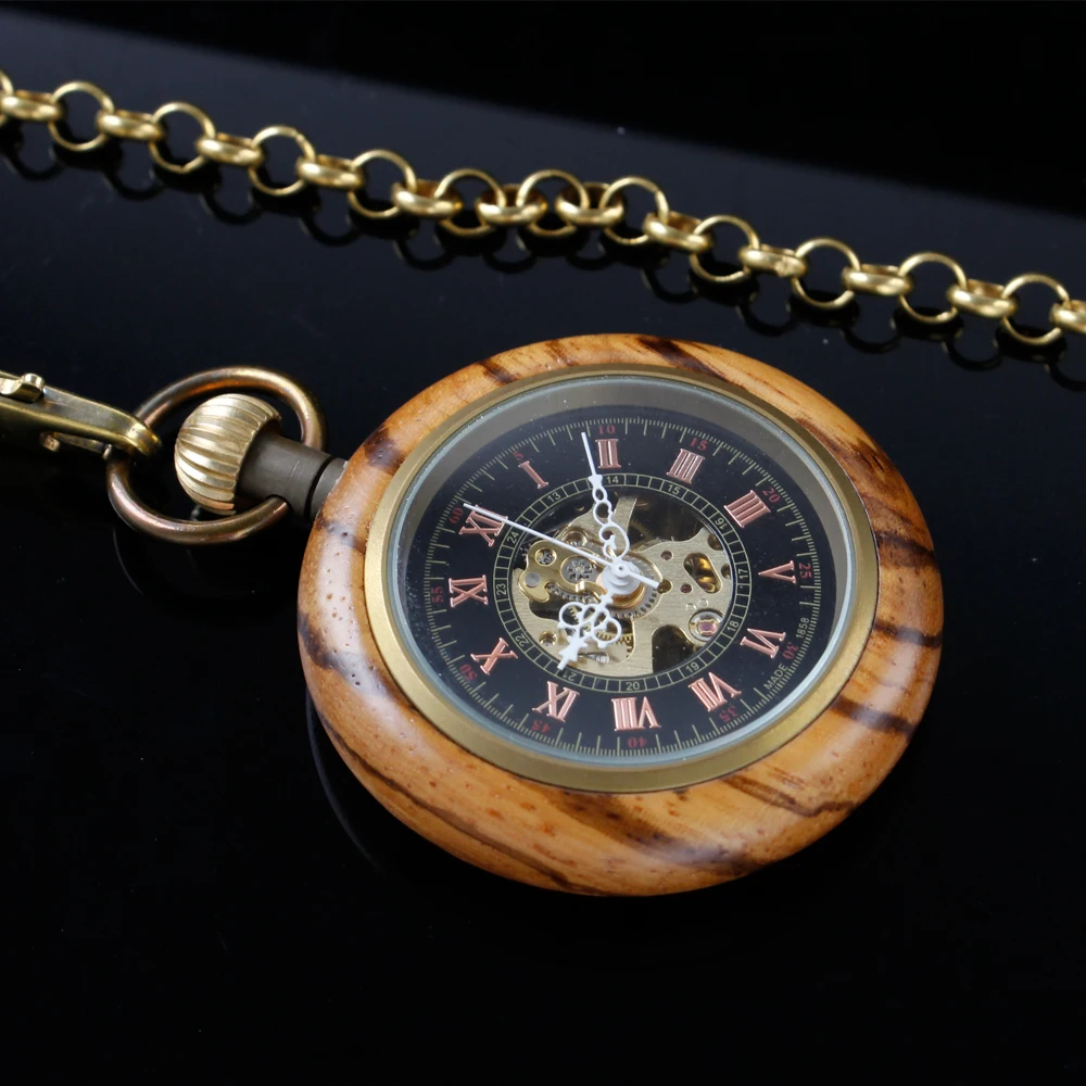 New Wooden Sculpture Roman Digital Mechanical Pocket Watch Vintage Hollow-Out Case Analog Skeleton Men's Mechanical Pocket Watch