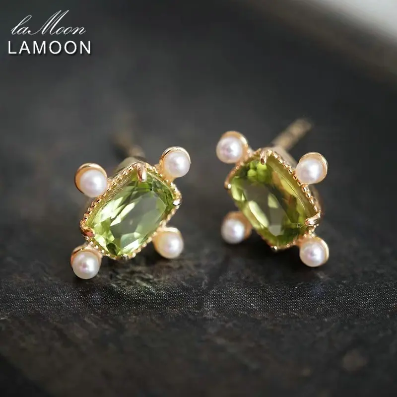 

LAMOON Vintage Natural Peridot Gemstone Stud Earring For Women Shell Pearl 925 Sterling Silver Gold Plated Elegant Gift EI018