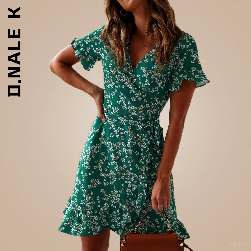 

D.Nale K Floral Print Boho Beach Dress Women Dresses Summer 2022 Sexy V Neck Ruffle Short Sleeve A Line Mini Dress