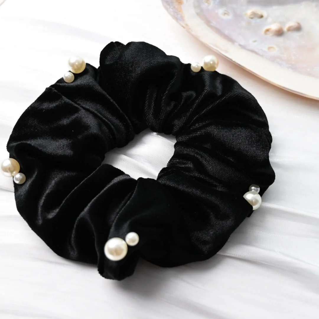 Черные бархатные резинки для волос девочек и женщин с искусственным жемчугом