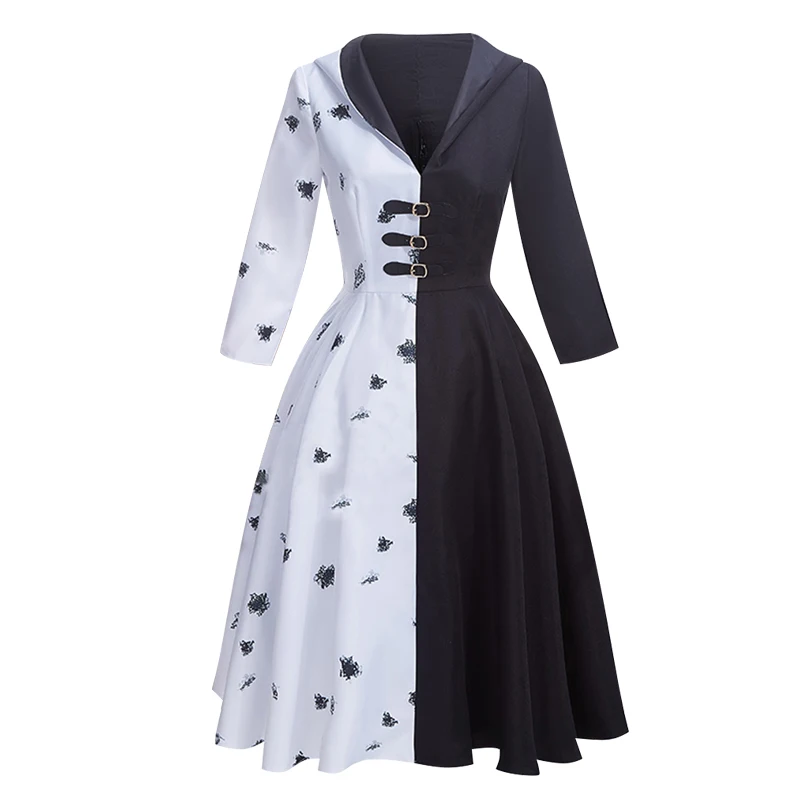 Аниме Cruella De Vil Хэллоуин Косплей Костюм Злая Королева Эмма Женщины Черно-Белая