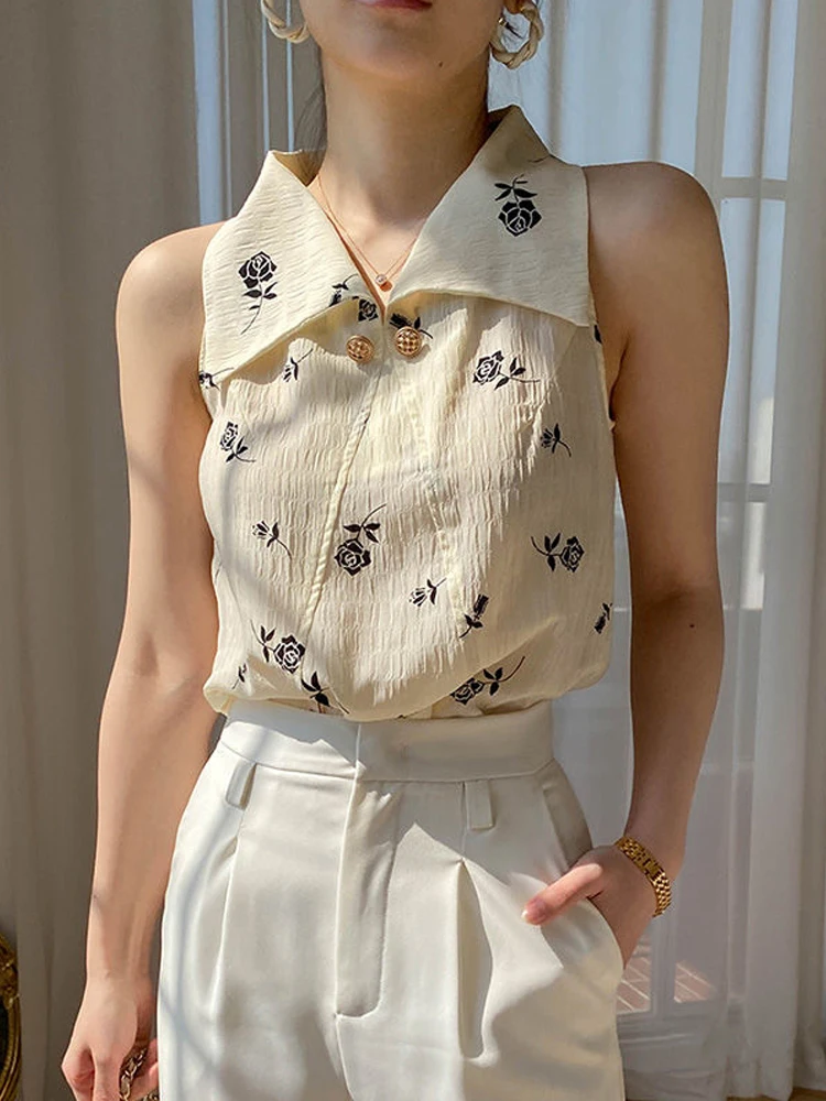 Vintage Polo Shirts Women Summer Print Sleeveless Off Shoulder Chiffon Tank Tops 2022 New