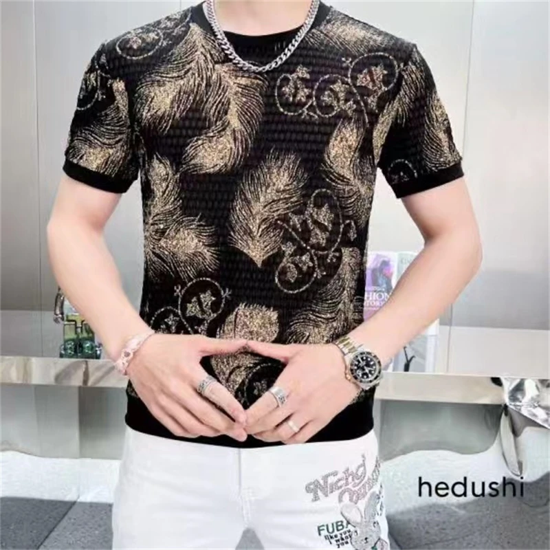 

Summer Ice Silk Hollow Short Sleeve T-shirt Men Clothing Fashion Slim Fit Casual Business Tshirts Round Neck StreetwearTee Tops
