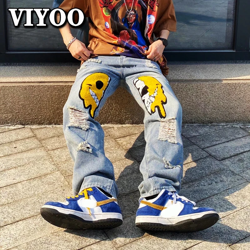 Men's Printed Smiley Embroidery Fashion Ripped Baggy Sweatpant Y2K Clothes Straight Jeans Pants Straight Goth Denim Trousers Man