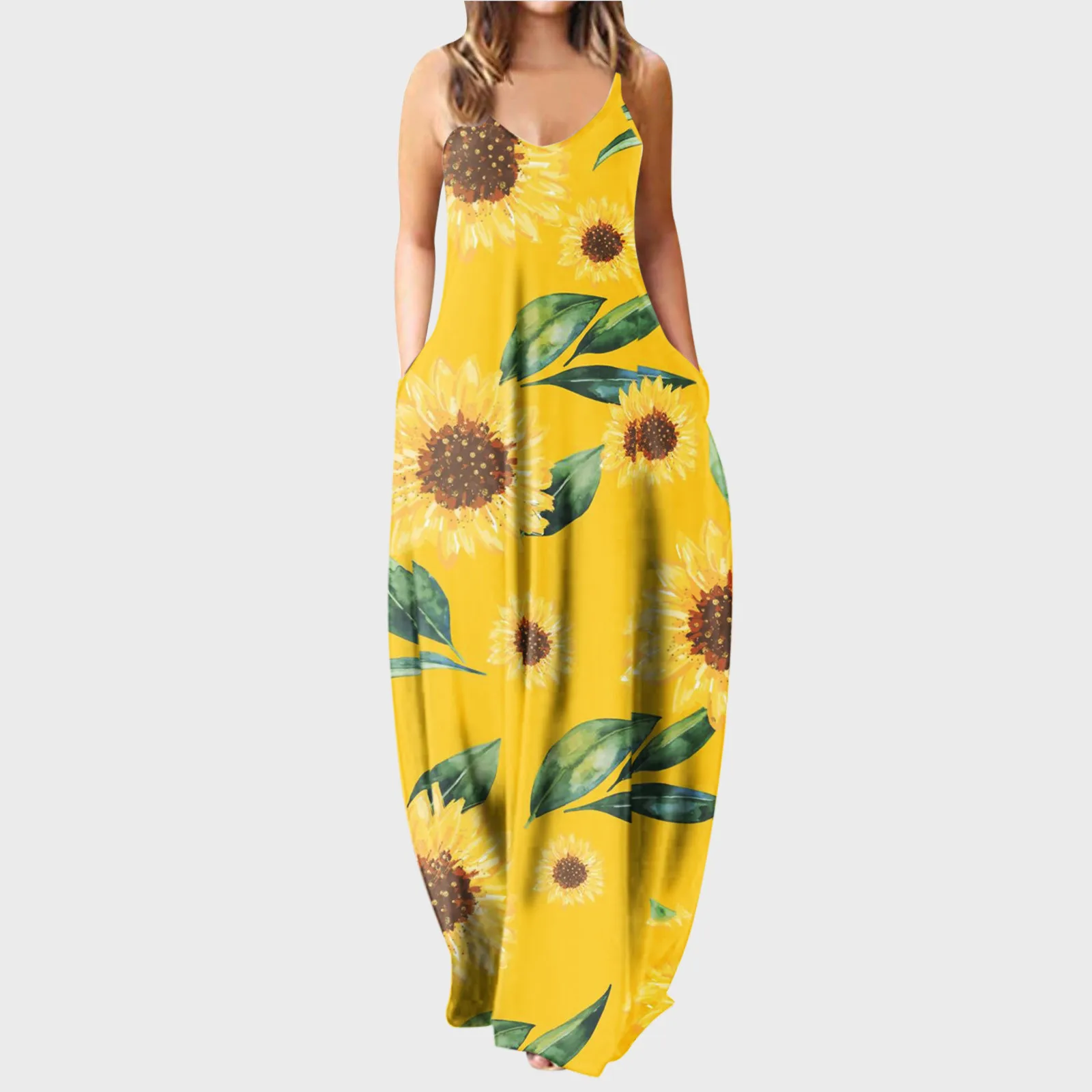 

Женское богемное платье-макси без рукавов, длинное пляжное платье большого размера с цветочным принтом подсолнуха, V-образным вырезом и кар...