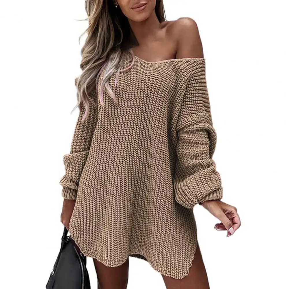

V-Neck Long Sleeves Side Split Hem Thickened Sweater Jumper Winter Solid Color Loose Warm Pullover Sweater Dress Streetwear