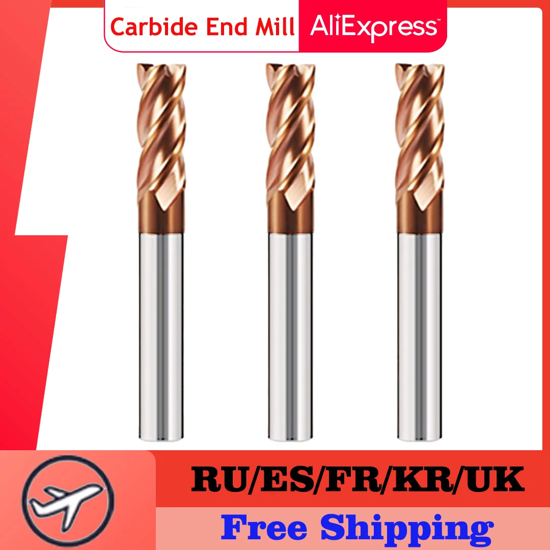 

HRC55 CNC Carbide Flat End Mill Tungsten Cutter 2 4 Flute Metal Steel Machining Tool Key Face Square Router Bit 3 4 6 8 12 Shank