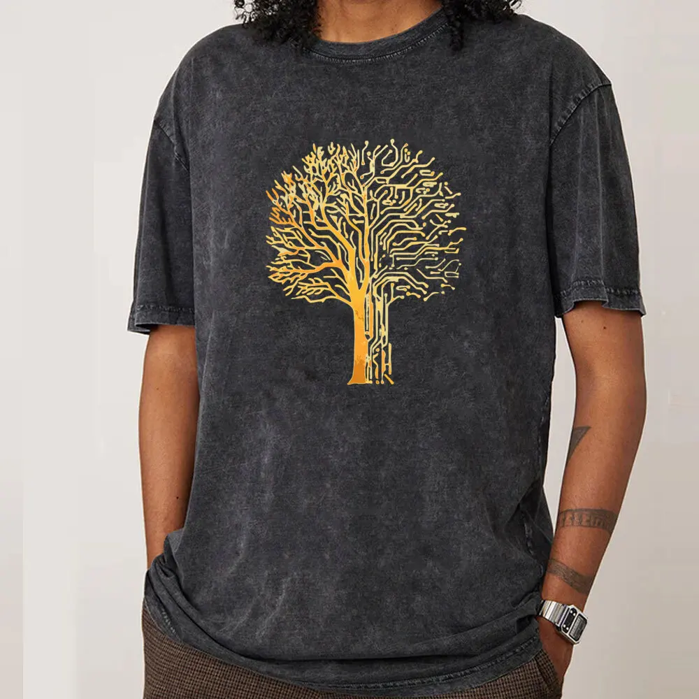 O Neck Gold Pine 100% Cotton Mens Washed Retro T Shirts Funny Short Sleeve Tops Tees Normal Shirt