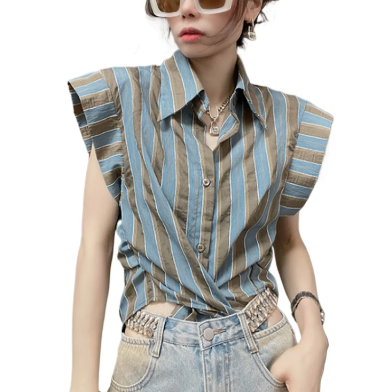 Блузка женская летняя в полоску модная шикарная рубашка европейском стиле с