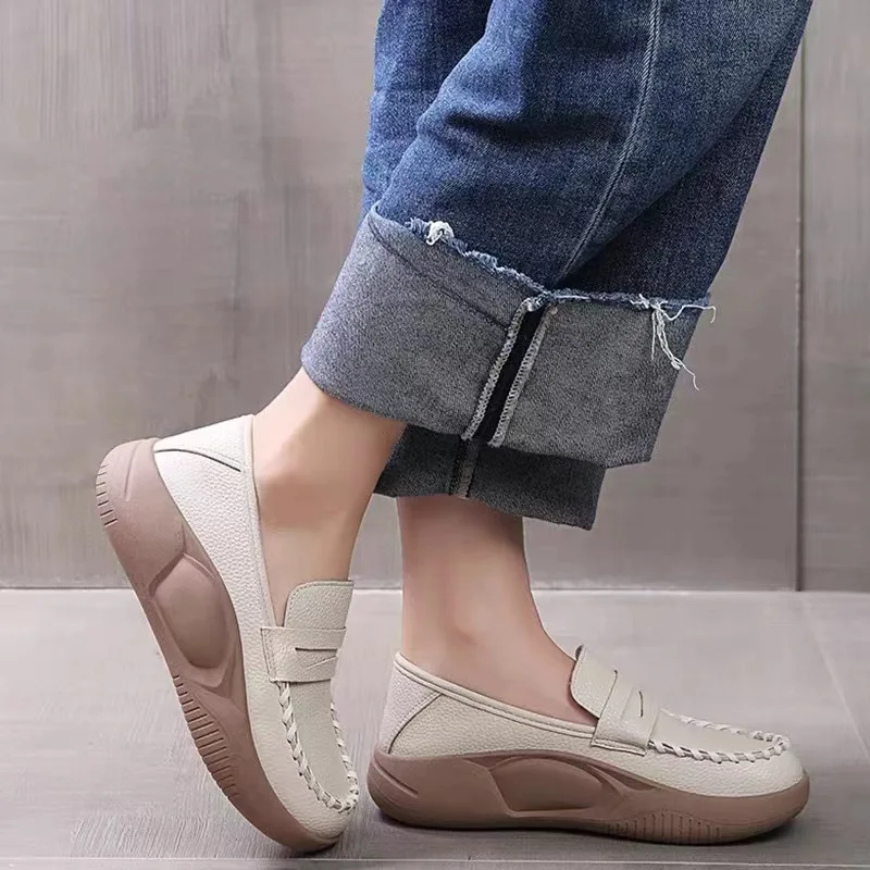 

Thick Soled Soft Leather Women Shoes 2024 Spring Autumn New Lazy Loafers Rocking Shoes Lady Casual Concise Comfortable Sneakers