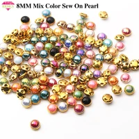 resen 8mm mix color pearls with gold claw plastic sewing rhinestone round gold pearl buttons sew on diy accessories