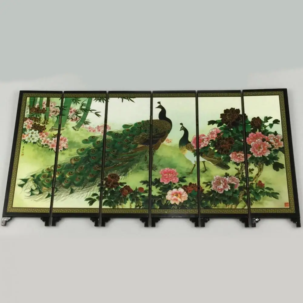 

Wooden 6-Panel Peacock Screen Room Divider Folding Partition Gift Desktop Decor