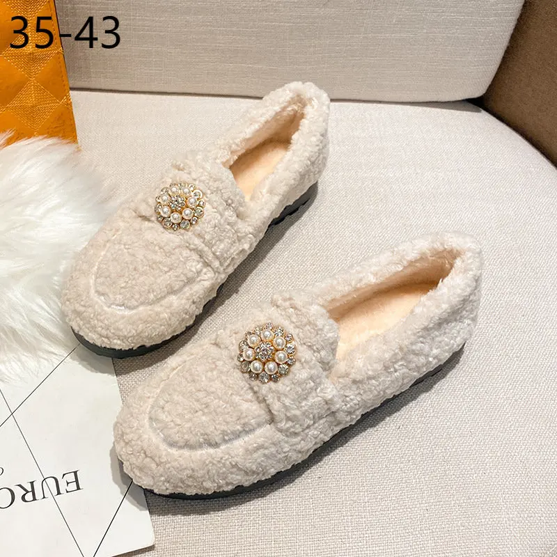 41 42 43 Plus Big Over Large Size Wool Shoes Women Wear Winter Lamb Wool Flat Soles with Thick Solesbean Shoes Cashmere