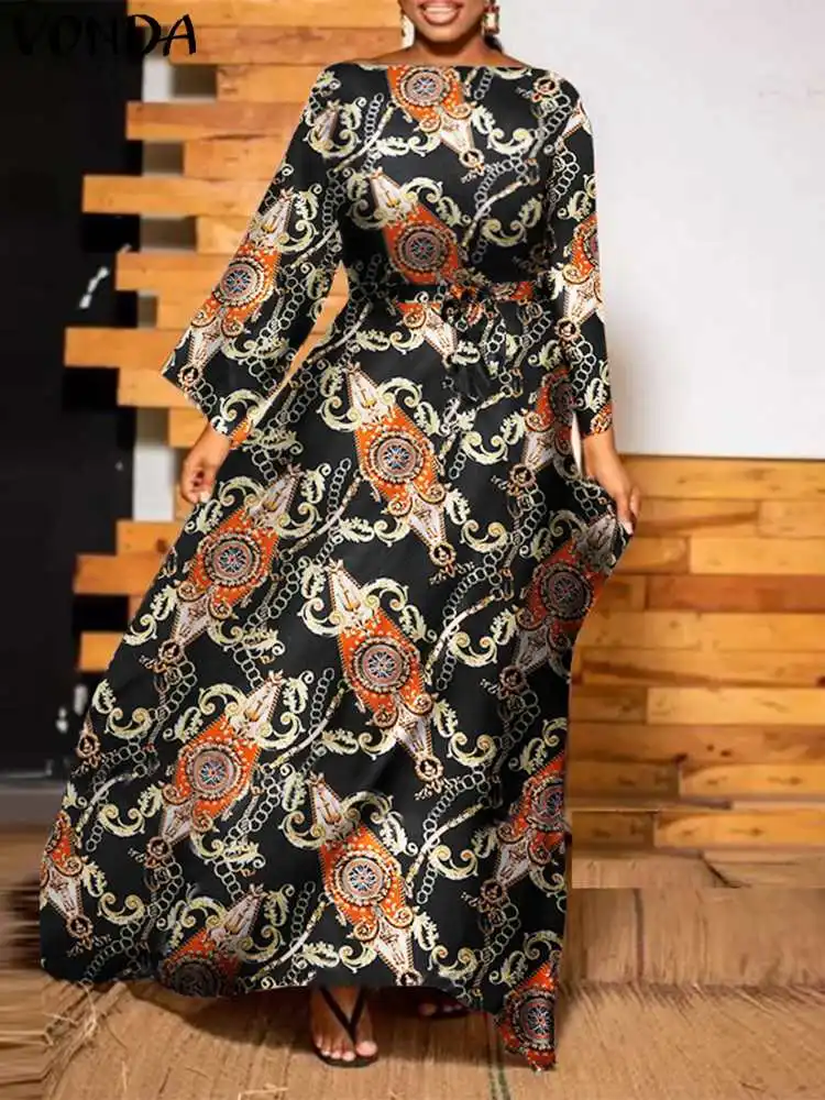 Plus Size 5XL VONDA Women Maxi Dress 2023 Summer Bohemian Flare Sleeve Printed Sundress Belted Casual Loose Pockets Vintage Robe