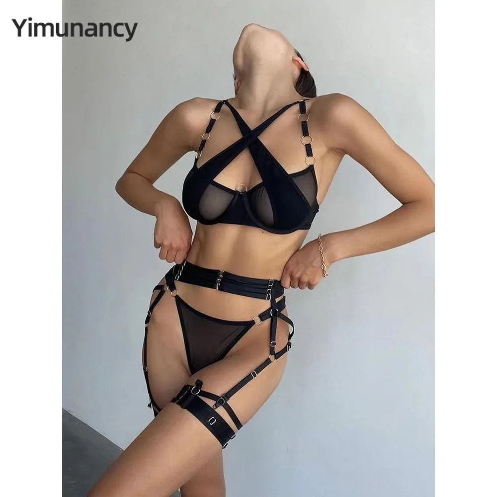 

Yimunancy Sexy Lingerie Set Women 2 Colors Ring Straps Wrap Erotic Set Mesh Patchwork Garter Brief Kit